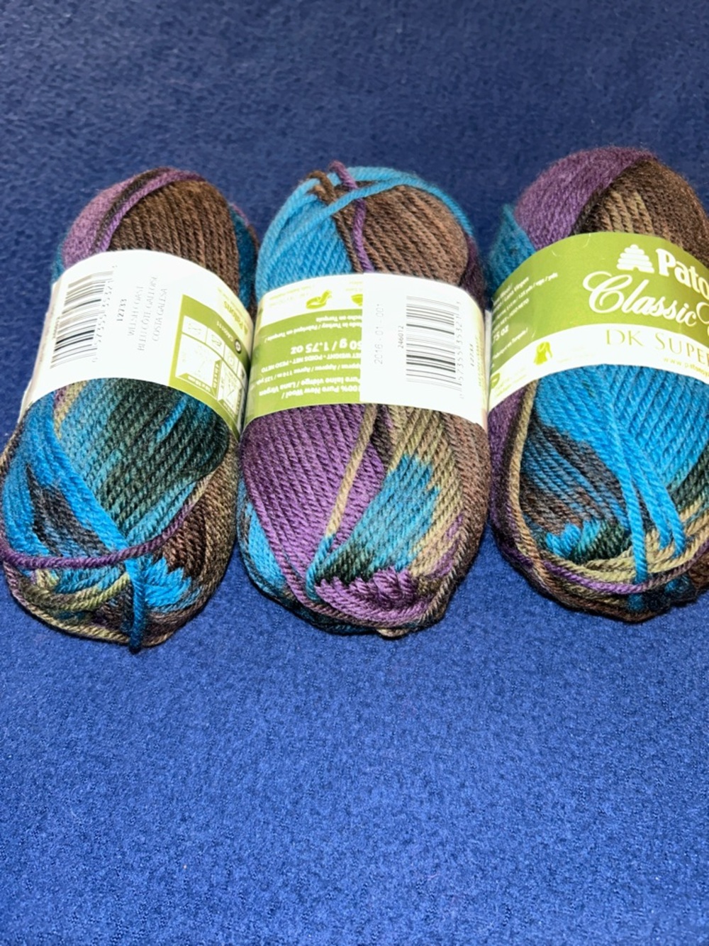 Patons Classic DK Superwash Yarn - Blue, Purple, Brown. Welsh Coast, (3 Skeins)